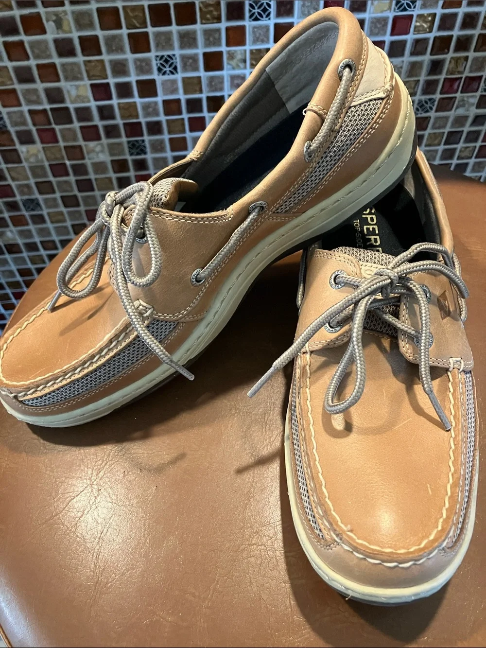 Sperry Tan Leather Boat Shoes with White Soles